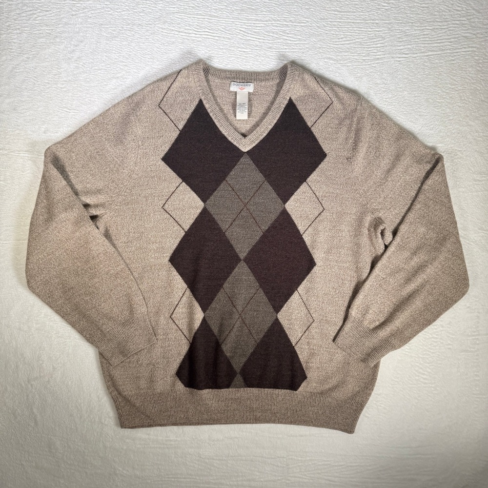 Dockers Mens‎ Argyle V Neck Sweater XL Acrylic Beige Brown Gray Pullover